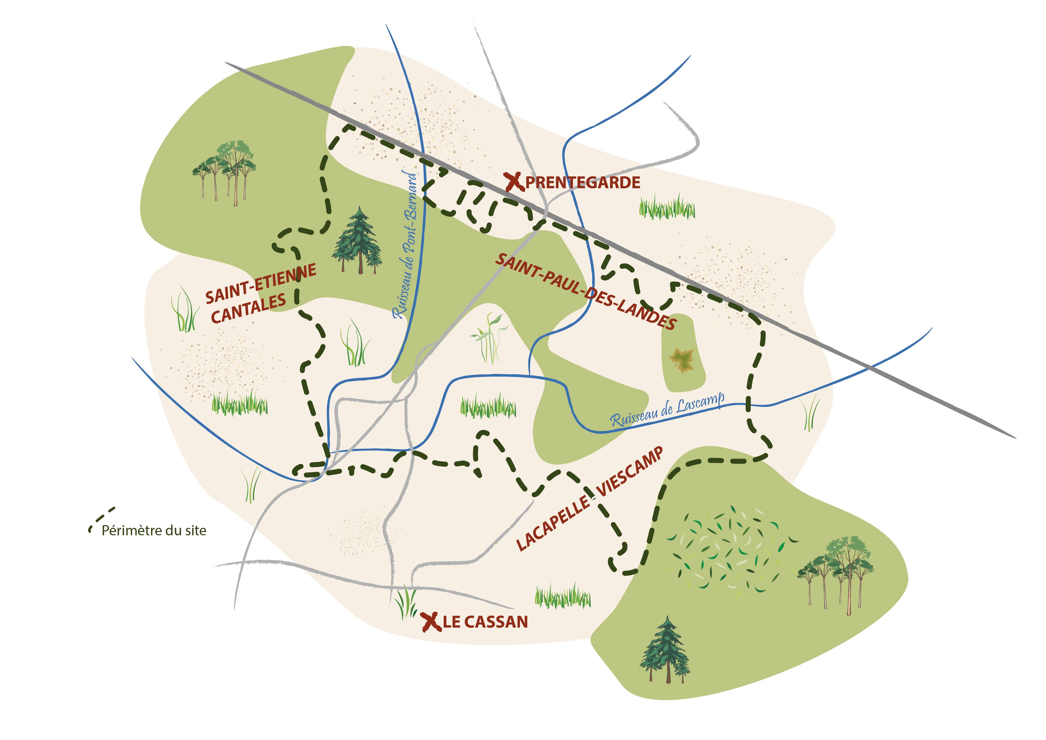 Périmètre du site du Marais du Cassan et de Prentegarde, zone humide protégée située dans le Cantal, en Auvergne.