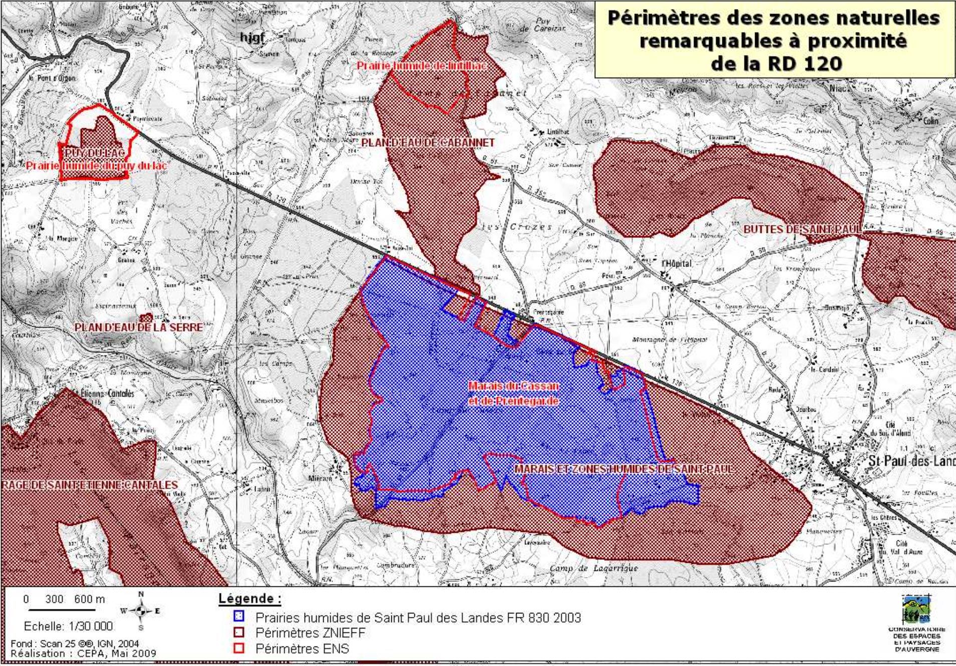 Périmètres des zones naturelles remarquables à proximité de la RD120 : sivu auze ouest cantal